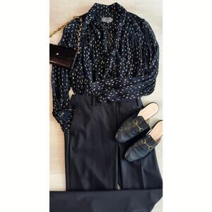 Anthropologie Black Gold Metallic Tie Neck Blouse XL Sheer Career Chic